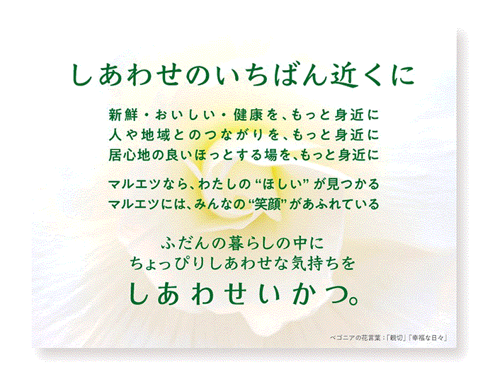 しあわせの一番近くに　新鮮・美味しい・健康を、もっと身近に人や地域とのつながりを、もっとみぢかに居心地の良いほっとする場を、もっと身近に　マルエツ なら、私の“ほしい